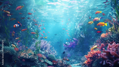 Underwater Scene with Colorful Fish and Coral Reefs