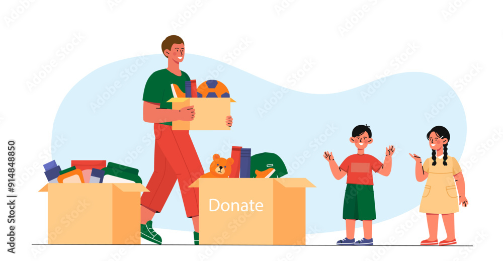 Donate for kids. Man gives box of toys and clothes to boy and girl. Charity, generosity and kindness. Charitable foundation volunteer. Flat vector illustration Donate for kids. Man gives box of toys and clothes to boy and girl. Charity, generosity and kindness. Charitable foundation volunteer. Flat vector illustration