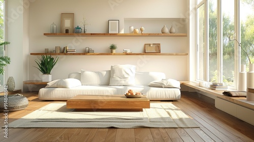 Minimalist lounge with floating bookcase and simple furniture