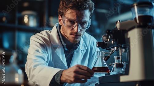 Scientist Conducting Experiments With Laboratory Equipment in a Modern Lab During Evening Hours