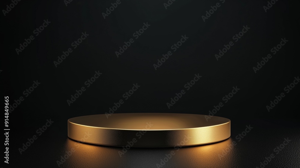 A photo of an empty 3D podium with a reflective gold finish, centered on a dark black background for an elegant product showcase A photo of an empty 3D podium with a reflective gold finish, centered on a dark black background for an elegant product showcase