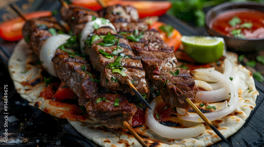 Grilled Beef Skewers with Onions and Tomatoes, Pita Bread, Delicious Food Image Grilled Beef Skewers with Onions and Tomatoes, Pita Bread, Delicious Food Image