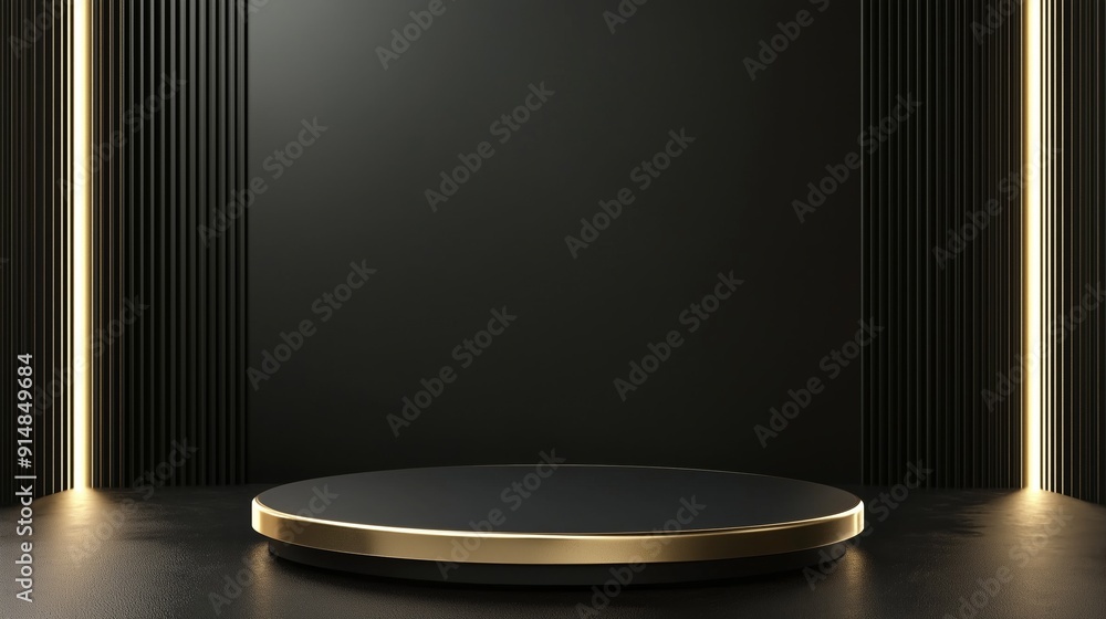 A photo of an empty 3D podium with sleek gold edges, floating on a dark black backdrop, perfect for showcasing products