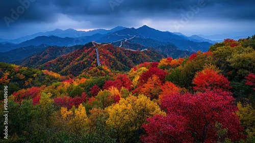 Tourist attraction, Great Wall of China, autumn leaves Background