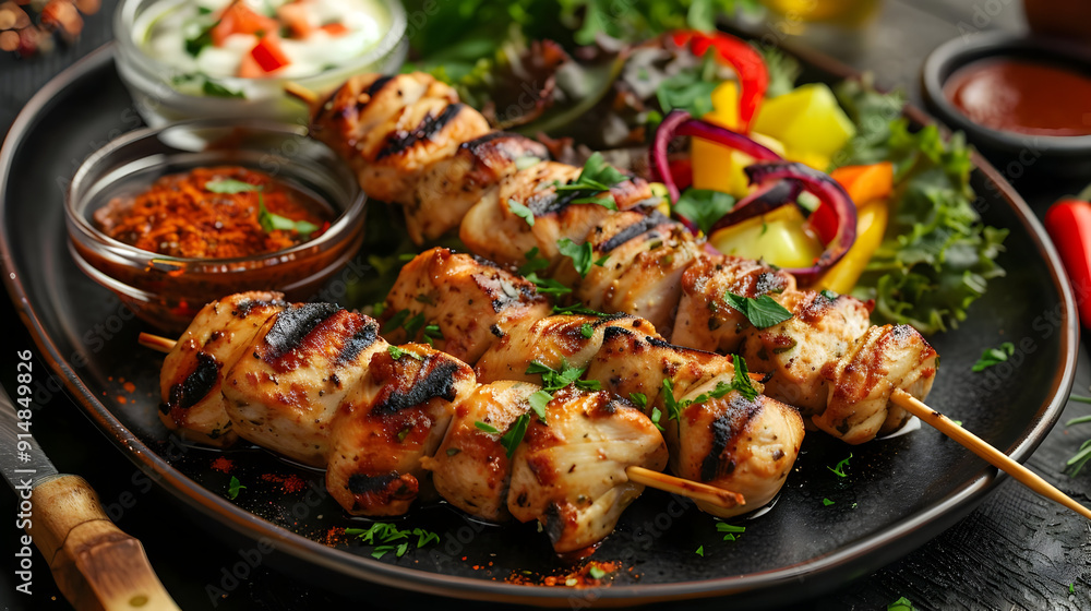 Grilled Chicken Skewers with Salad and Dips - Food Photography Grilled Chicken Skewers with Salad and Dips - Food Photography