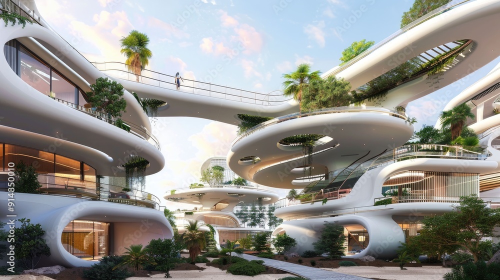 Floating architectural concept with interconnected buildings and sky bridges Floating architectural concept with interconnected buildings and sky bridges