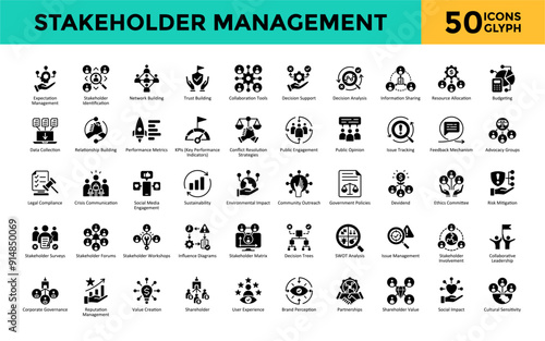 Stakeholder Management icon set with expectation management, stakeholder identification, network building, trust building, collaboration tools, decision support  icon. Simple glyph vector 
