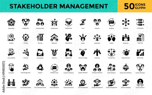 Stakeholder Management icon set with stakeholder, engagement, communication, collaboration, relationship, trust, influence, feedback, mapping, prioritization icon. Simple glyph vector 
