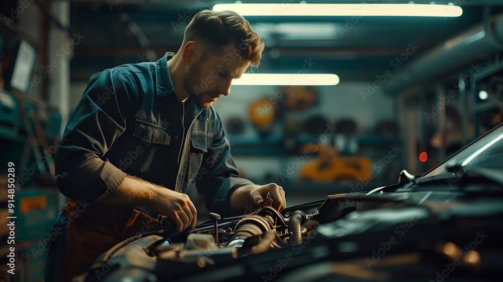 Young American car mechanic Inspecting the engine intently. Young American car mechanic Inspecting the engine intently.
