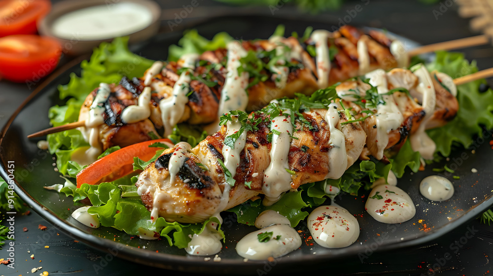 Grilled Chicken Skewers with Creamy Sauce and Salad - Food Photography Grilled Chicken Skewers with Creamy Sauce and Salad - Food Photography