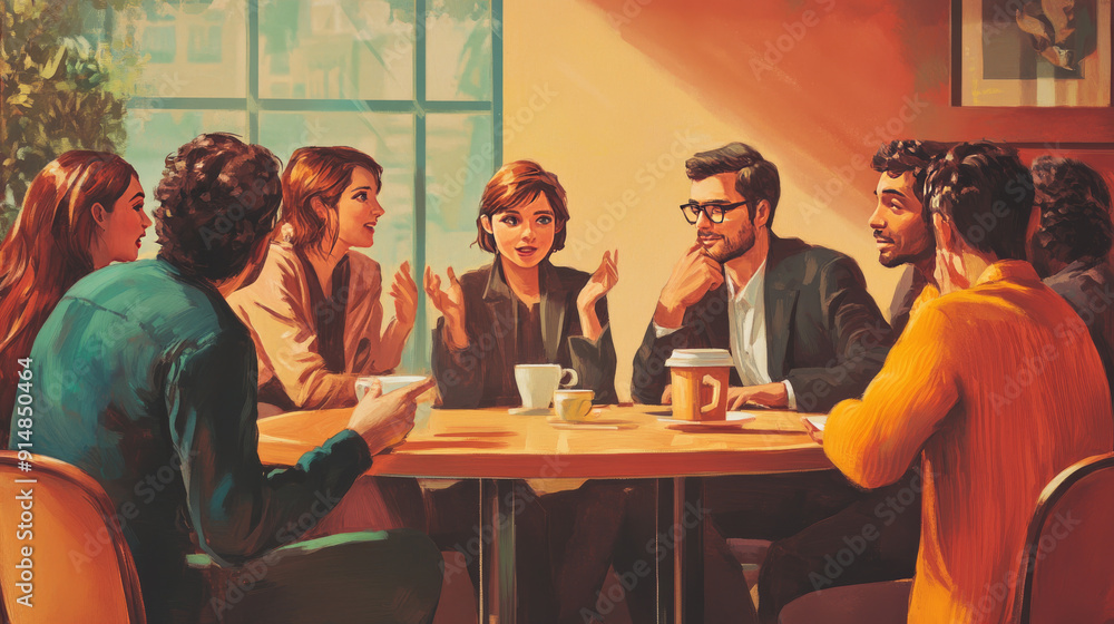 Depict a range of conversations, such as a lively group discussion, a deep one-on-one chat, or a casual coffee shop exchange, emphasizing the importance of verbal communication. Depict a range of conversations, such as a lively group discussion, a deep one-on-one chat, or a casual coffee shop exchange, emphasizing the importance of verbal communication.