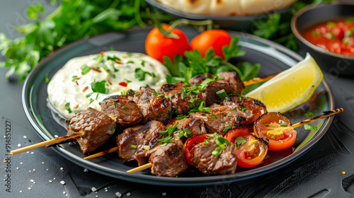 Grilled Lamb Skewers with Tzatziki Sauce, Tomatoes, and Lemon - Realistic Food Image