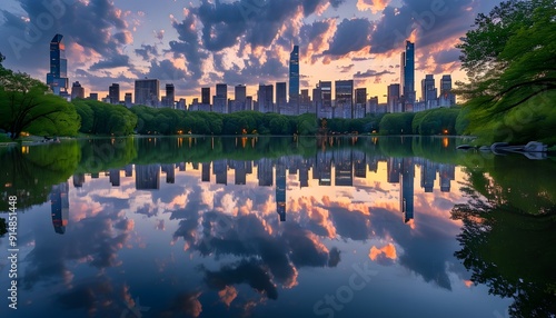 In the evening of the park, the lake reflects the city skyline and clouds, presenting a beautiful and peaceful scene. photo