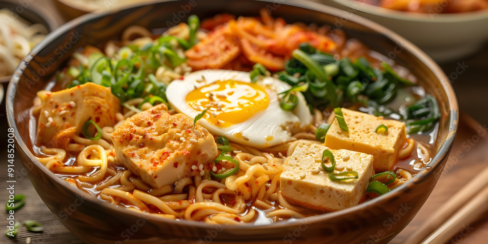 Spicy Tofu Ramen Bowl with Kimchi and Egg - Photo Spicy Tofu Ramen Bowl with Kimchi and Egg - Photo