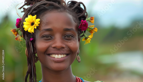 Woman s serene smile with flowers in her hair representing feminine elegance focus on dynamic Manipulation outdoor terrace photo