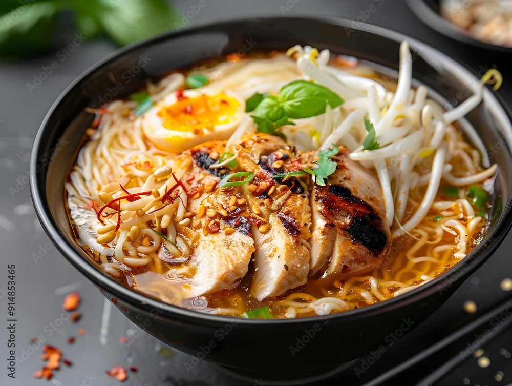 Delicious Bowl of Chicken Ramen with Egg, Bean Sprouts, and Basil - Food Photography Delicious Bowl of Chicken Ramen with Egg, Bean Sprouts, and Basil - Food Photography