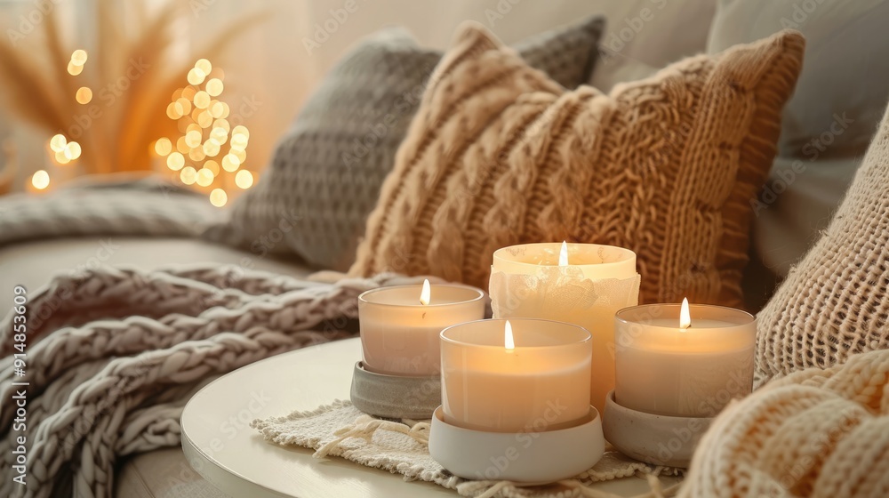 Candles on white table near sofa with blankets and pillows. Cozy home idea Candles on white table near sofa with blankets and pillows. Cozy home idea