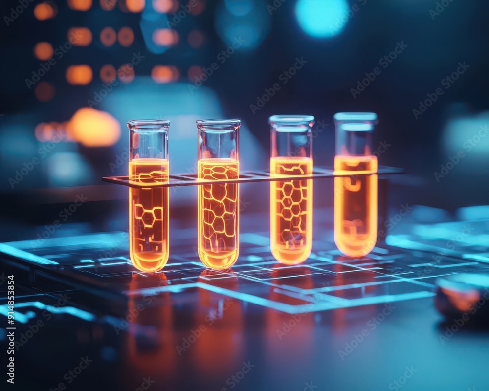 Colorful test tubes with glowing liquids on a futuristic laboratory table, representing science and innovation. Colorful test tubes with glowing liquids on a futuristic laboratory table, representing science and innovation.
