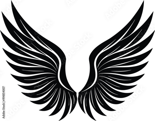 Black Angel wings silhouette with white background
