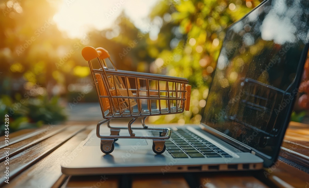 High-Resolution Photo of Small Shopping Cart and Laptop on Table – Online E-Commerce Concept with Blurred Background High-Resolution Photo of Small Shopping Cart and Laptop on Table – Online E-Commerce Concept with Blurred Background