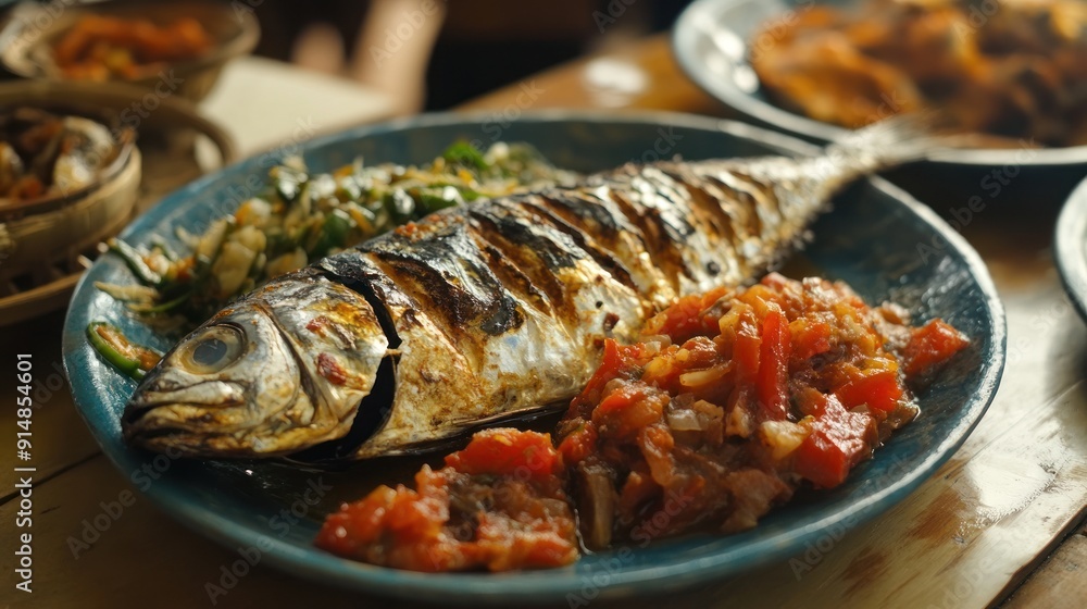 Crisp-skinned pan-fried white fish fillet with grilled lemon, served on a white plate with fresh green vegetables Crisp-skinned pan-fried white fish fillet with grilled lemon, served on a white plate with fresh green vegetables
