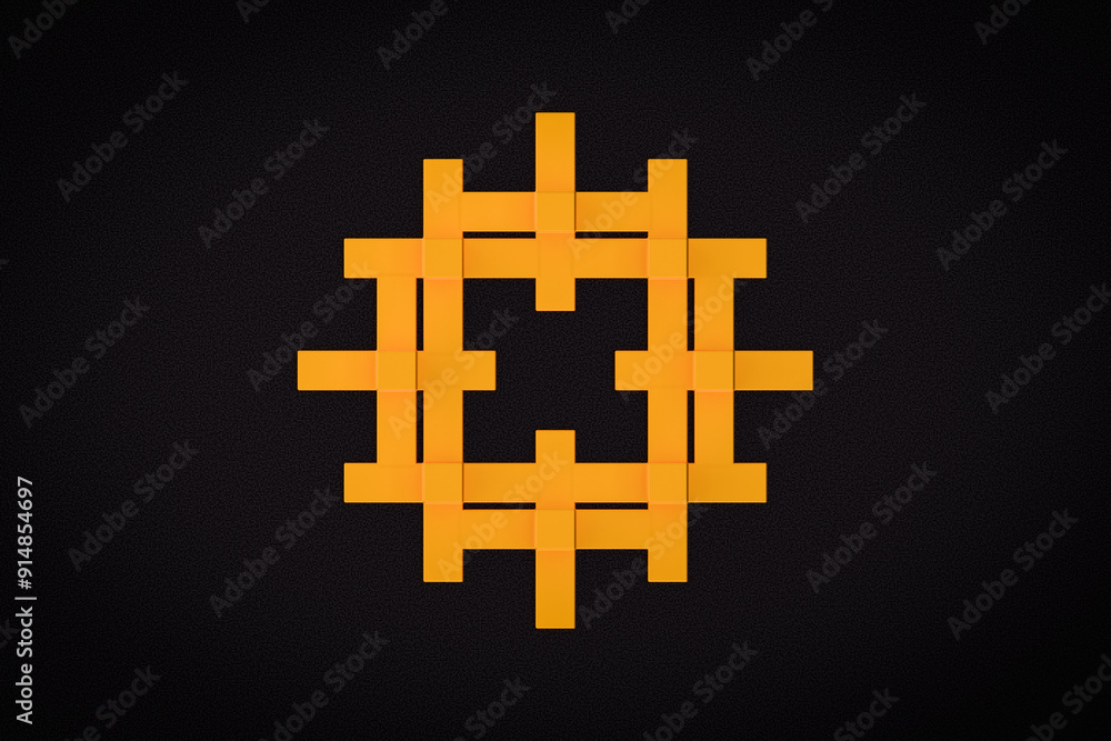 Obraz premium Yellow hashtag symbol, abstract 3d geometric metal structure on black