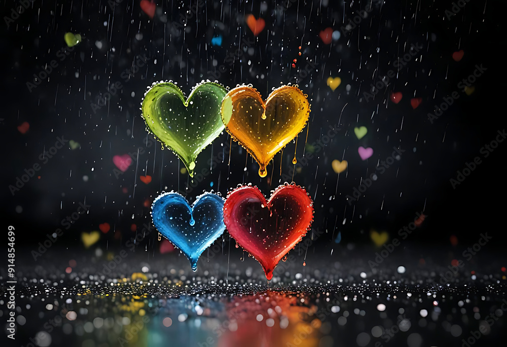 hearts with green yellow blue and red effect in rain. hearts with green yellow blue and red effect in rain.