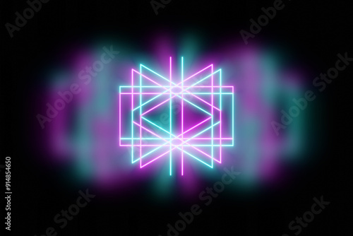 Glowing neon cube symbols, abstract 3d geometric design on black