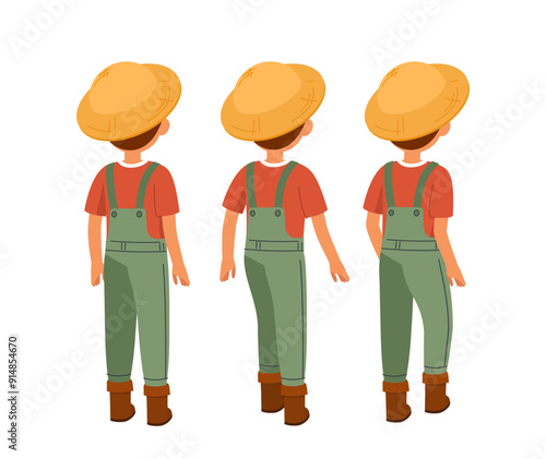 Male farmer constructor. Boy in overall back view. Kit for creating animations. Pack of character in various poses. Farming and agriculture. Flat vector collection