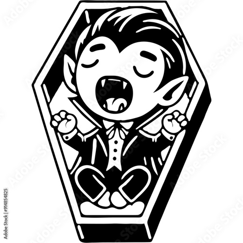 Little baby vampire wakes up lying in coffin, stretches and yawns in monochrome. Simple minimalistic vector in black ink drawing on transparent background