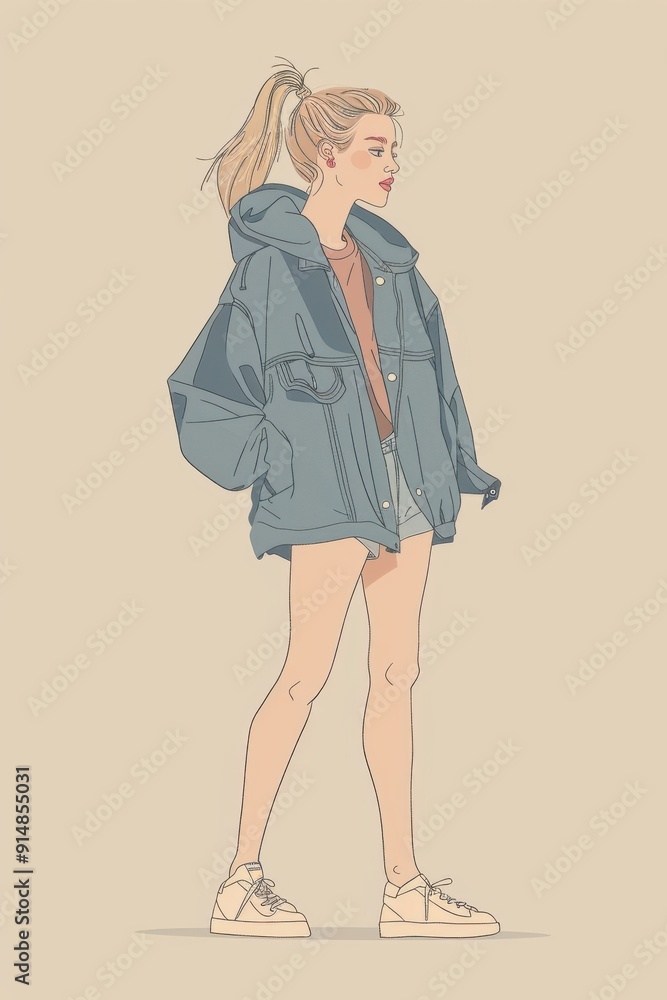Minimalism illustration, a Caucasian woman, wearing a longline denim jacket with high-waisted shorts and high-top sneakers, standing with her hands resting by her sides, streetwear fashion Minimalism illustration, a Caucasian woman, wearing a longline denim jacket with high-waisted shorts and high-top sneakers, standing with her hands resting by her sides, streetwear fashion