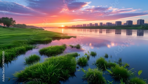 The beautiful scenery of Fenhe Bay at sunrise, the river water flows gently and slowly, and the grassland is green. photo