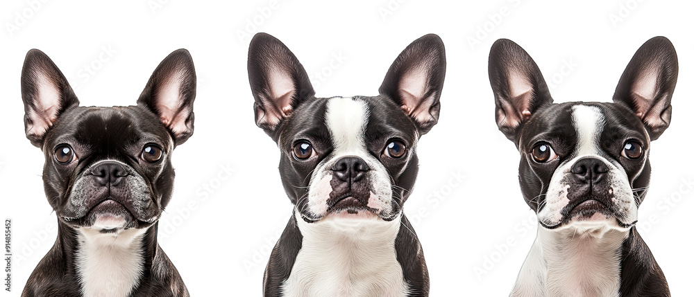 Obraz premium Collection of three dogs hardy Boston Terriers set isolated on white background