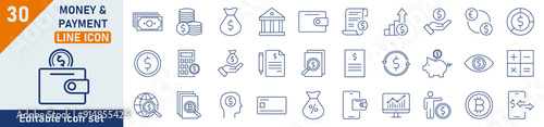 Money and Payment line icon set. Set of 30 outline icons related to money, payment, savings, money exchange, currency. Linear icon collection. Money and Payment outline icons collection.