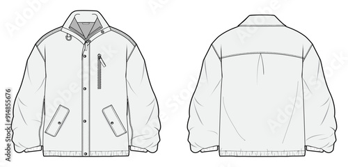 Men's jacket, Fashion Flat Sketch Vector Illustration, CAD, Technical Drawing, Flat Drawing, Template, Mockup.