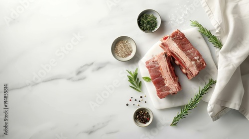 Wallpaper Mural Fresh beef ribs on a pristine marble countertop with herbs and spices, under bright lighting to highlight texture and color. Torontodigital.ca