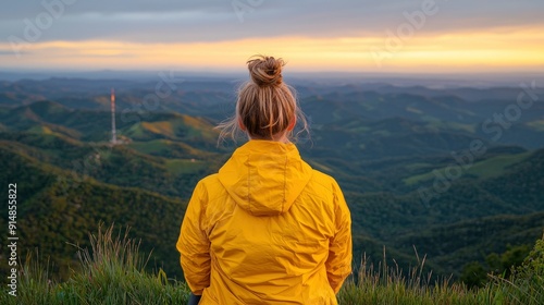 Tour guide with microphone, scenic viewpoint Background