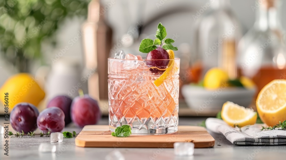 Fototapeta premium A refreshing cocktail of plum juice and sparkling water with a twist of lemon in a highball glass, perfect for summer.