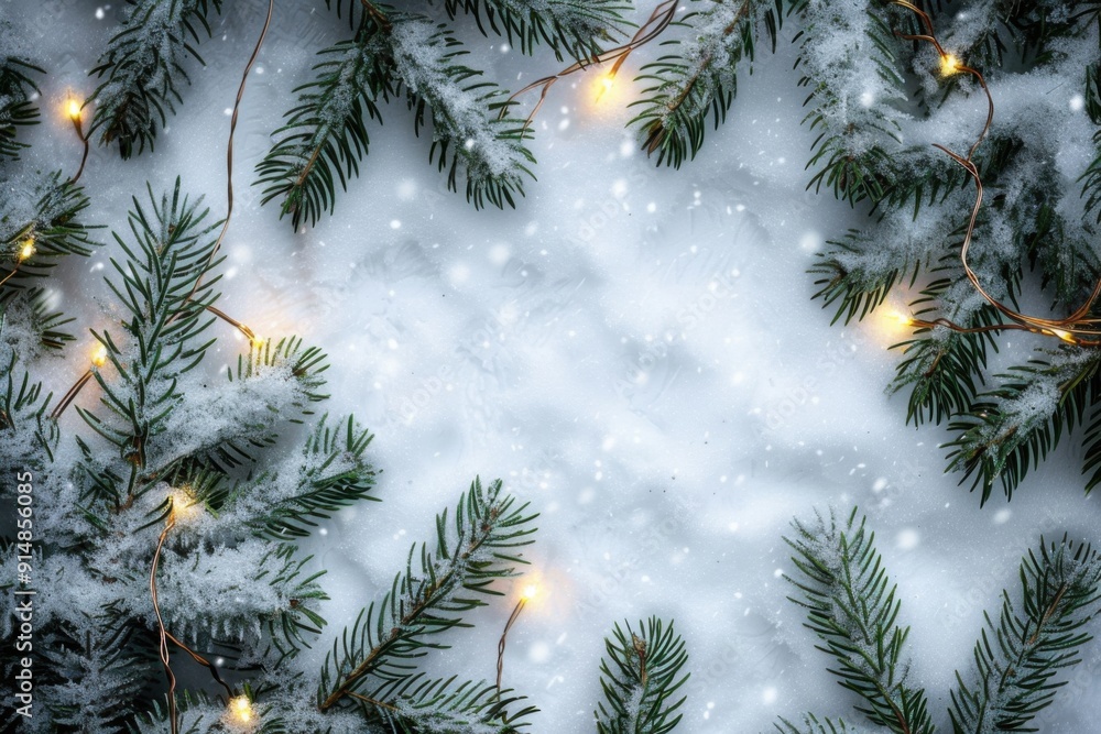 Snow-Covered Christmas Tree Branches with Twinkling Lights Creating a Cozy and Magical Winter Wonderland Atmosphere Snow-Covered Christmas Tree Branches with Twinkling Lights Creating a Cozy and Magical Winter Wonderland Atmosphere