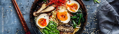 Ramen Noodles with Mushrooms, Spinach, and Eggs - Food Photography photo