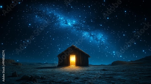 Starry Night Nativity: Wooden Stable with Dark Blue Sky for Christmas Concept. Generative AI