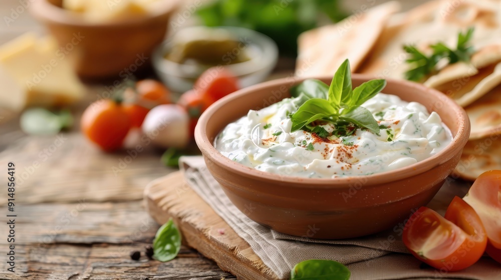 Tzatziki served with pita bread and fresh vegetables, highlighting its smooth consistency and green flecks. Tzatziki served with pita bread and fresh vegetables, highlighting its smooth consistency and green flecks.