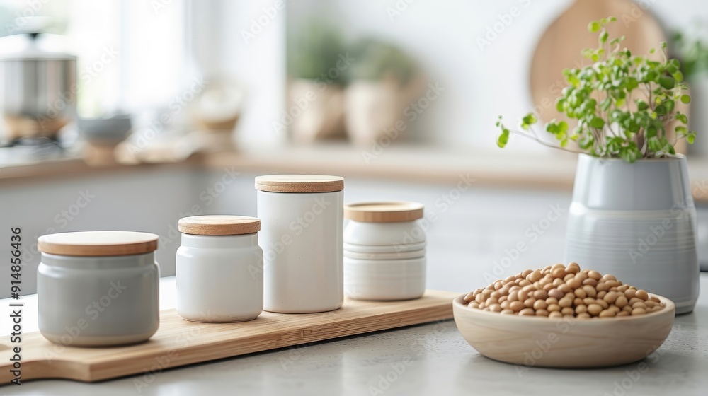 Variety of soybean paste (doenjang) containers on a modern kitchen countertop, showcasing different brands and styles.