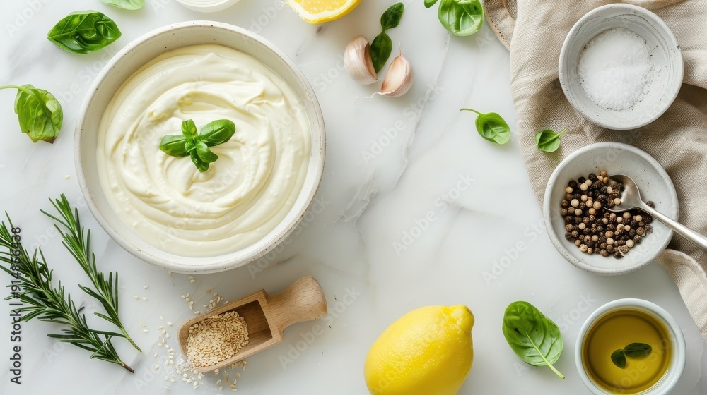 Recipe card for homemade aioli with ingredients and preparation steps around a bowl of aioli. Recipe card for homemade aioli with ingredients and preparation steps around a bowl of aioli.