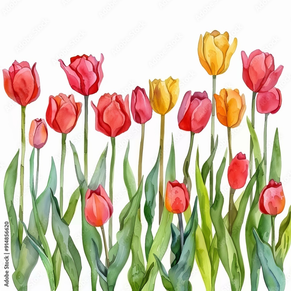 Watercolor painting of a field of tulips, on isolated white background Watercolor painting of a field of tulips, on isolated white background