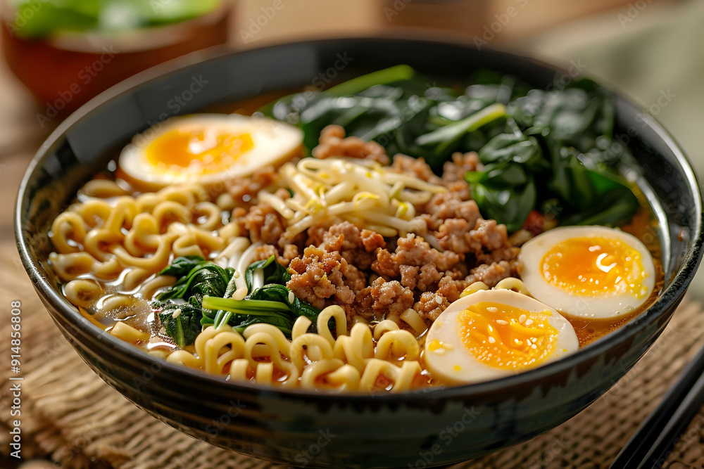 Delicious Bowl of Ramen with Ground Pork, Egg, and Spinach - Food Photography Delicious Bowl of Ramen with Ground Pork, Egg, and Spinach - Food Photography
