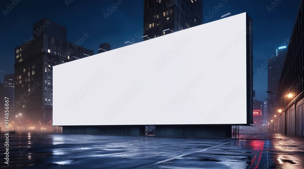 Blank white billboard in the city at night with a busy atmosphere and isolated blurred background Blank white billboard in the city at night with a busy atmosphere and isolated blurred background