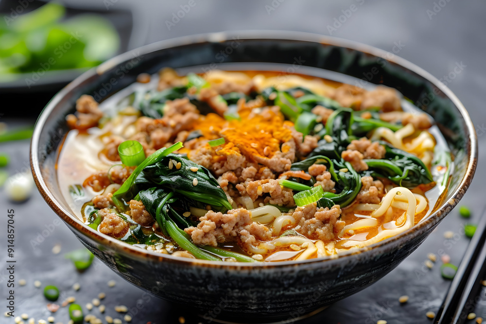 Spicy Pork Ramen Noodles with Spinach and Sesame Seeds - Food Photography Spicy Pork Ramen Noodles with Spinach and Sesame Seeds - Food Photography