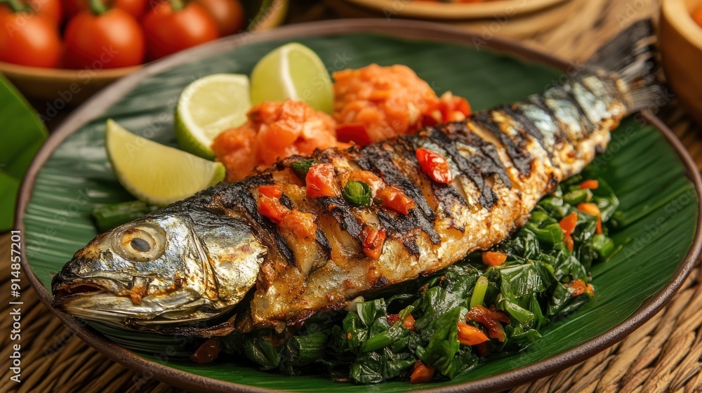 Grilled fish and roasted vegetables, a gourmet seafood plate for a healthy and delicious meal Grilled fish and roasted vegetables, a gourmet seafood plate for a healthy and delicious meal