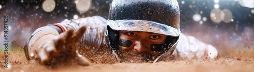 A determined athlete slides into home plate, showcasing grit and passion in an intense baseball game under dramatic lighting.